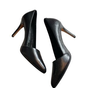 Alice + Olivia Stacey Bendet Black Croc Embossed Leather Pointed Toe Heels 38.5